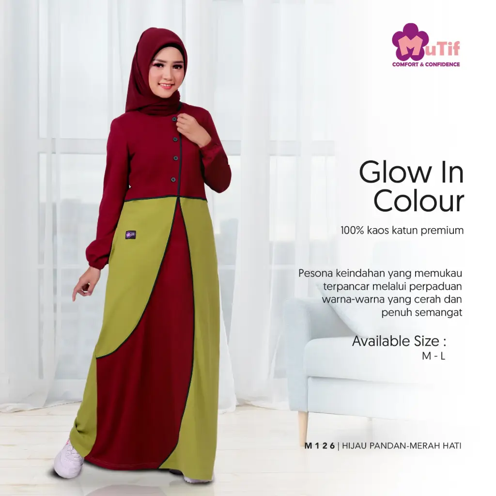 Gamis Mutif 126 Hijau Pandan - Merah Hati (M)